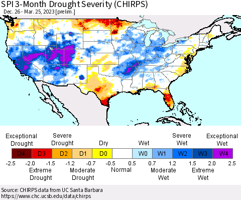 United States SPI 3-Month Drought Severity (CHIRPS) Thematic Map For 12/26/2022 - 3/25/2023