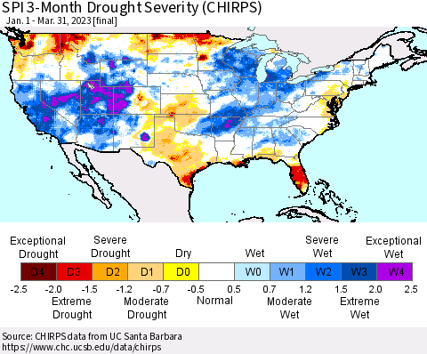 United States SPI 3-Month Drought Severity (CHIRPS) Thematic Map For 1/1/2023 - 3/31/2023