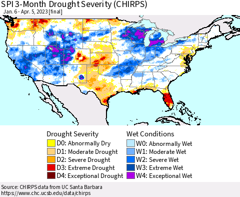United States SPI 3-Month Drought Severity (CHIRPS) Thematic Map For 1/6/2023 - 4/5/2023