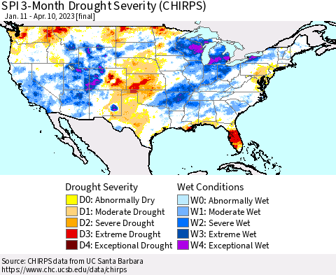United States SPI 3-Month Drought Severity (CHIRPS) Thematic Map For 1/11/2023 - 4/10/2023