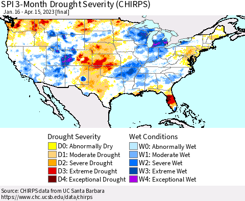 United States SPI 3-Month Drought Severity (CHIRPS) Thematic Map For 1/16/2023 - 4/15/2023