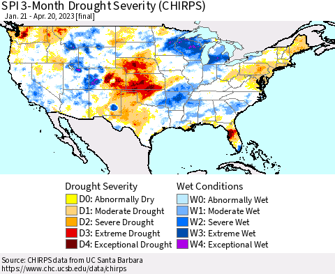 United States SPI 3-Month Drought Severity (CHIRPS) Thematic Map For 1/21/2023 - 4/20/2023