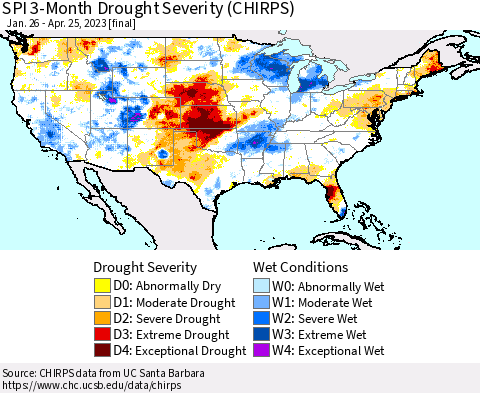 United States SPI 3-Month Drought Severity (CHIRPS) Thematic Map For 1/26/2023 - 4/25/2023