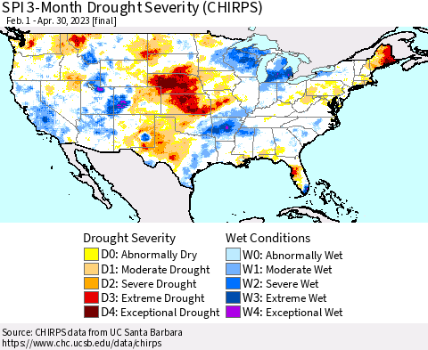 United States SPI 3-Month Drought Severity (CHIRPS) Thematic Map For 2/1/2023 - 4/30/2023