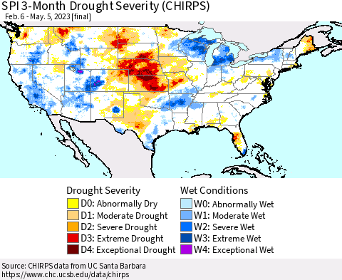 United States SPI 3-Month Drought Severity (CHIRPS) Thematic Map For 2/6/2023 - 5/5/2023