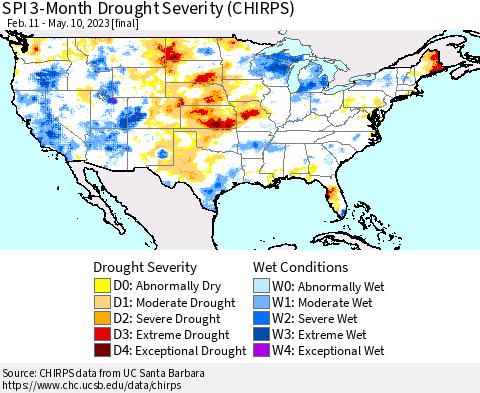 United States SPI 3-Month Drought Severity (CHIRPS) Thematic Map For 2/11/2023 - 5/10/2023