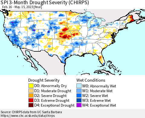 United States SPI 3-Month Drought Severity (CHIRPS) Thematic Map For 2/16/2023 - 5/15/2023