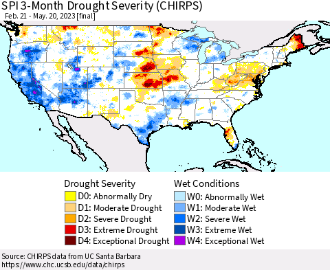 United States SPI 3-Month Drought Severity (CHIRPS) Thematic Map For 2/21/2023 - 5/20/2023