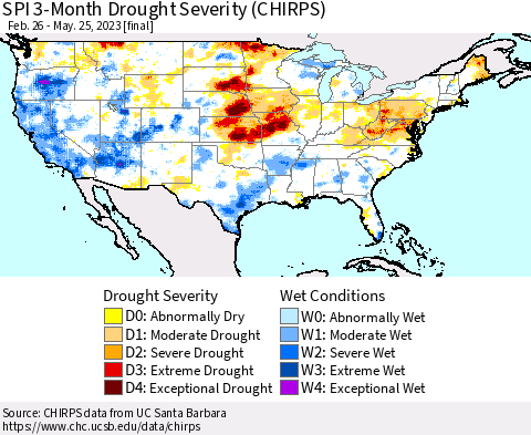 United States SPI 3-Month Drought Severity (CHIRPS) Thematic Map For 2/26/2023 - 5/25/2023