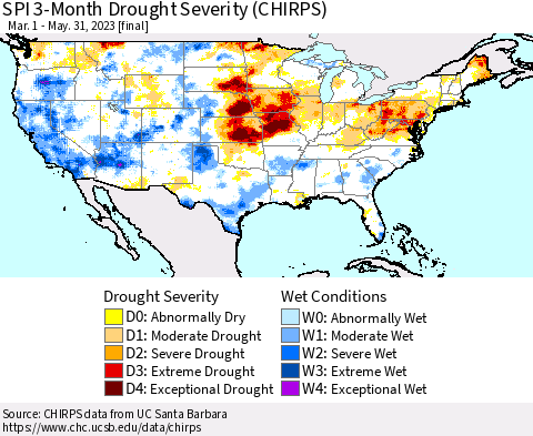 United States SPI 3-Month Drought Severity (CHIRPS) Thematic Map For 3/1/2023 - 5/31/2023
