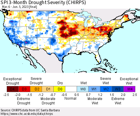 United States SPI 3-Month Drought Severity (CHIRPS) Thematic Map For 3/6/2023 - 6/5/2023