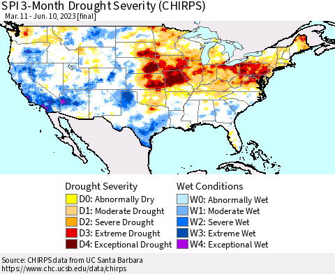 United States SPI 3-Month Drought Severity (CHIRPS) Thematic Map For 3/11/2023 - 6/10/2023