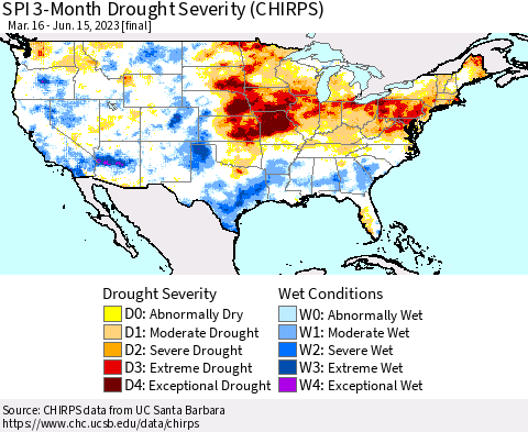 United States SPI 3-Month Drought Severity (CHIRPS) Thematic Map For 3/16/2023 - 6/15/2023