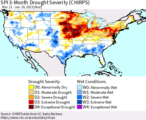 United States SPI 3-Month Drought Severity (CHIRPS) Thematic Map For 3/21/2023 - 6/20/2023