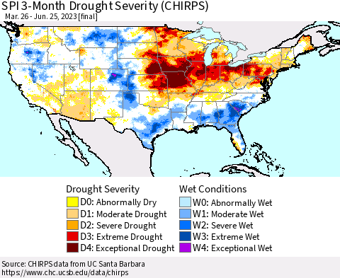 United States SPI 3-Month Drought Severity (CHIRPS) Thematic Map For 3/26/2023 - 6/25/2023