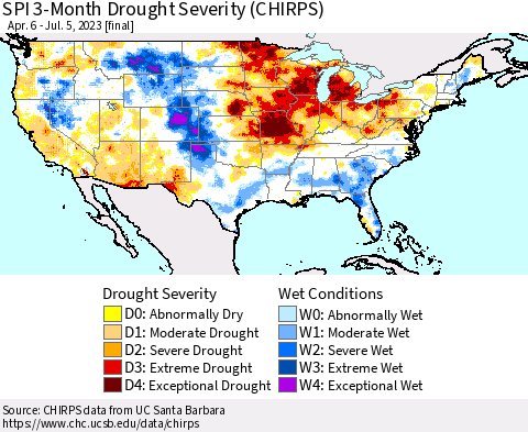 United States SPI 3-Month Drought Severity (CHIRPS) Thematic Map For 4/6/2023 - 7/5/2023