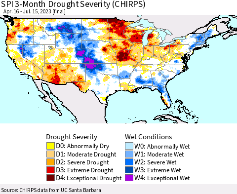 United States SPI 3-Month Drought Severity (CHIRPS) Thematic Map For 4/16/2023 - 7/15/2023