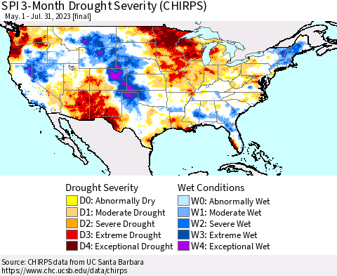 United States SPI 3-Month Drought Severity (CHIRPS) Thematic Map For 5/1/2023 - 7/31/2023
