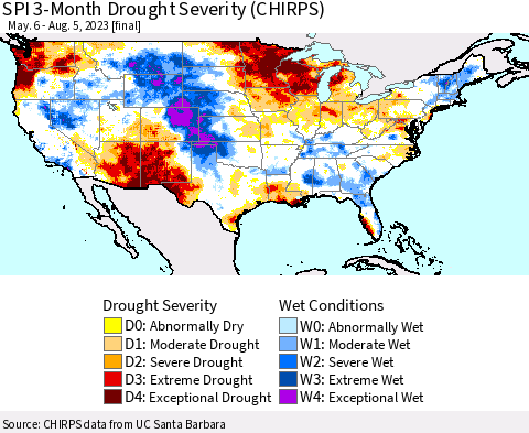 United States SPI 3-Month Drought Severity (CHIRPS) Thematic Map For 5/6/2023 - 8/5/2023