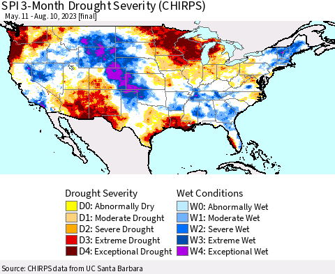 United States SPI 3-Month Drought Severity (CHIRPS) Thematic Map For 5/11/2023 - 8/10/2023