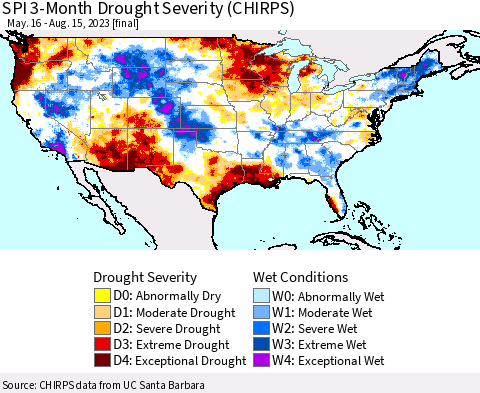United States SPI 3-Month Drought Severity (CHIRPS) Thematic Map For 5/16/2023 - 8/15/2023