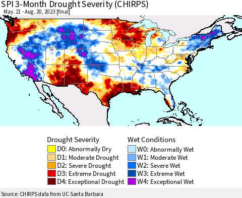 United States SPI 3-Month Drought Severity (CHIRPS) Thematic Map For 5/21/2023 - 8/20/2023