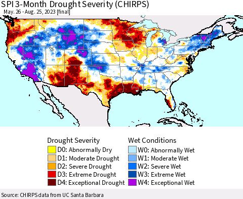 United States SPI 3-Month Drought Severity (CHIRPS) Thematic Map For 5/26/2023 - 8/25/2023