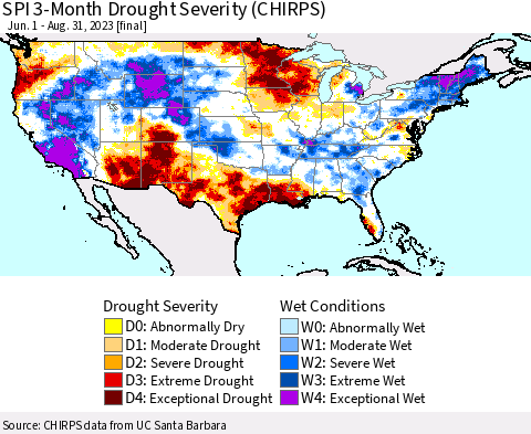 United States SPI 3-Month Drought Severity (CHIRPS) Thematic Map For 6/1/2023 - 8/31/2023