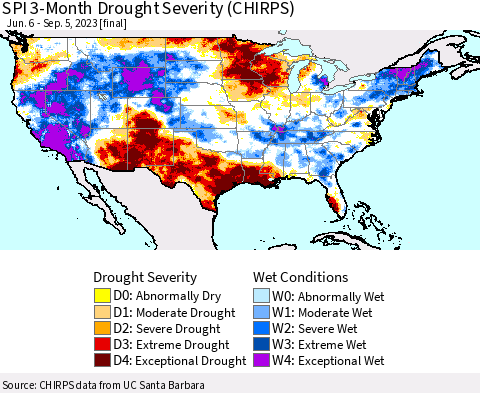 United States SPI 3-Month Drought Severity (CHIRPS) Thematic Map For 6/6/2023 - 9/5/2023