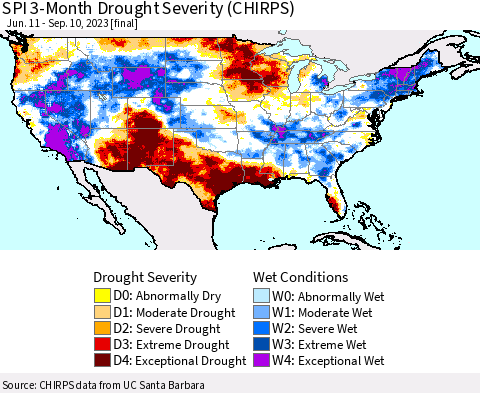 United States SPI 3-Month Drought Severity (CHIRPS) Thematic Map For 6/11/2023 - 9/10/2023