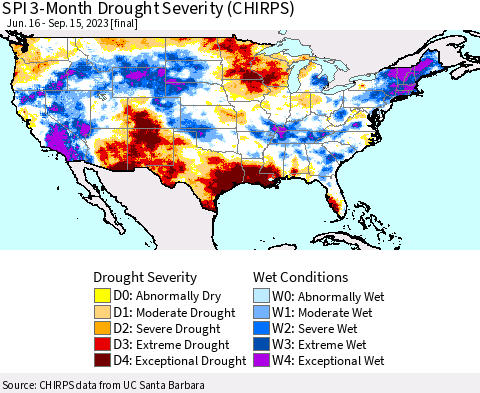 United States SPI 3-Month Drought Severity (CHIRPS) Thematic Map For 6/16/2023 - 9/15/2023