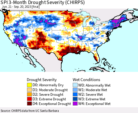 United States SPI 3-Month Drought Severity (CHIRPS) Thematic Map For 6/21/2023 - 9/20/2023