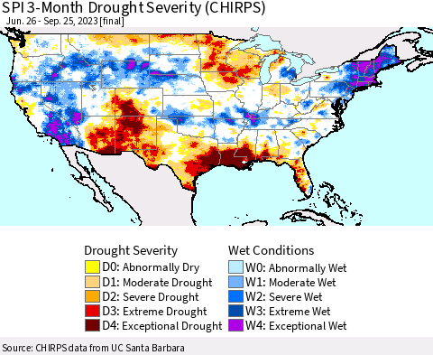 United States SPI 3-Month Drought Severity (CHIRPS) Thematic Map For 6/26/2023 - 9/25/2023