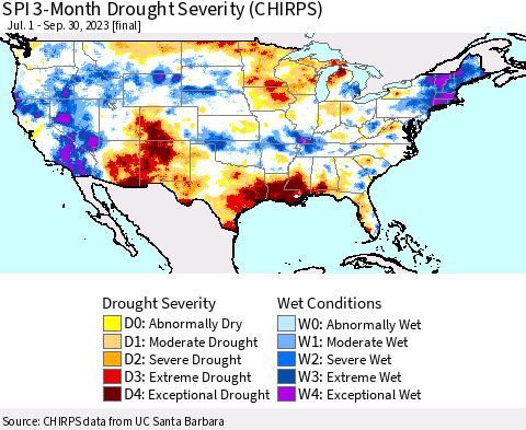 United States SPI 3-Month Drought Severity (CHIRPS) Thematic Map For 7/1/2023 - 9/30/2023