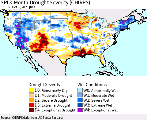 United States SPI 3-Month Drought Severity (CHIRPS) Thematic Map For 7/6/2023 - 10/5/2023