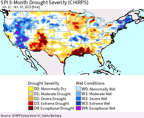 United States SPI 3-Month Drought Severity (CHIRPS) Thematic Map For 7/11/2023 - 10/10/2023