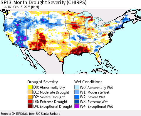 United States SPI 3-Month Drought Severity (CHIRPS) Thematic Map For 7/16/2023 - 10/15/2023