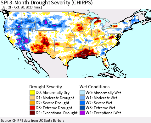 United States SPI 3-Month Drought Severity (CHIRPS) Thematic Map For 7/21/2023 - 10/20/2023