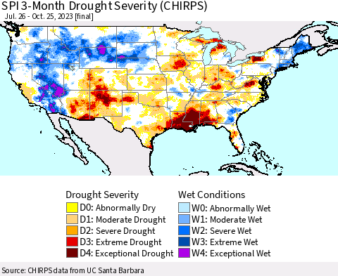 United States SPI 3-Month Drought Severity (CHIRPS) Thematic Map For 7/26/2023 - 10/25/2023