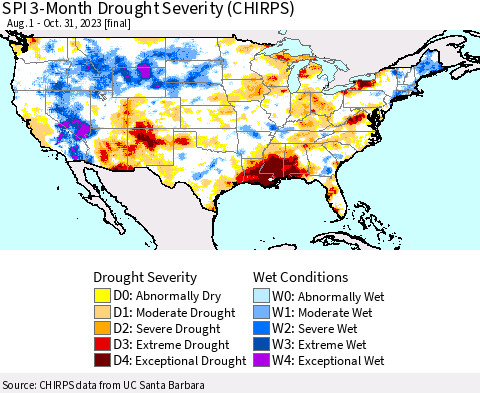 United States SPI 3-Month Drought Severity (CHIRPS) Thematic Map For 8/1/2023 - 10/31/2023