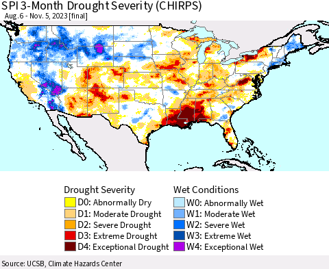 United States SPI 3-Month Drought Severity (CHIRPS) Thematic Map For 8/6/2023 - 11/5/2023