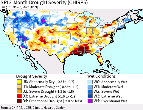 United States SPI 3-Month Drought Severity (CHIRPS) Thematic Map For 8/6/2023 - 11/5/2023