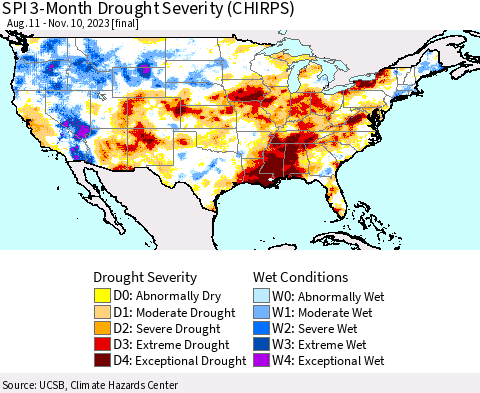 United States SPI 3-Month Drought Severity (CHIRPS) Thematic Map For 8/11/2023 - 11/10/2023