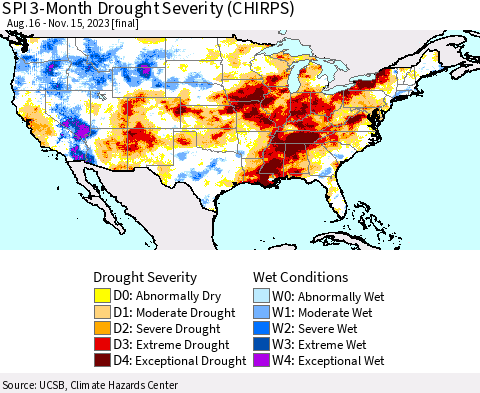 United States SPI 3-Month Drought Severity (CHIRPS) Thematic Map For 8/16/2023 - 11/15/2023