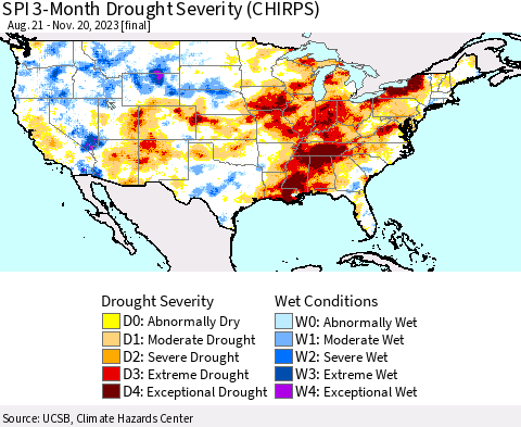 United States SPI 3-Month Drought Severity (CHIRPS) Thematic Map For 8/21/2023 - 11/20/2023