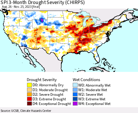 United States SPI 3-Month Drought Severity (CHIRPS) Thematic Map For 8/26/2023 - 11/25/2023