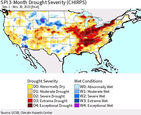 United States SPI 3-Month Drought Severity (CHIRPS) Thematic Map For 9/1/2023 - 11/30/2023
