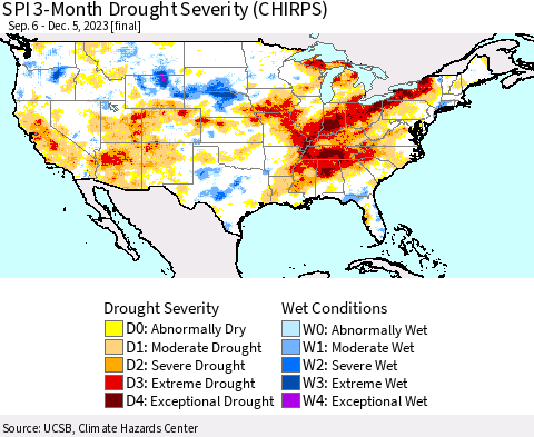 United States SPI 3-Month Drought Severity (CHIRPS) Thematic Map For 9/6/2023 - 12/5/2023