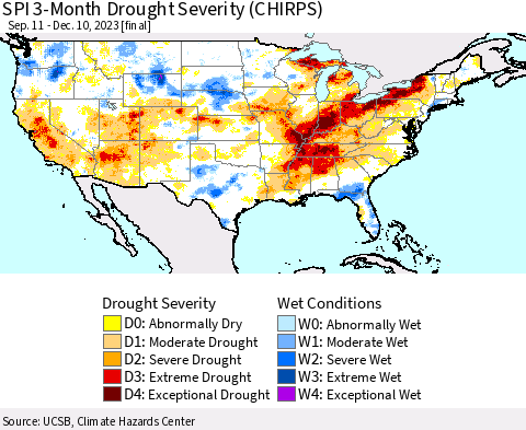 United States SPI 3-Month Drought Severity (CHIRPS) Thematic Map For 9/11/2023 - 12/10/2023