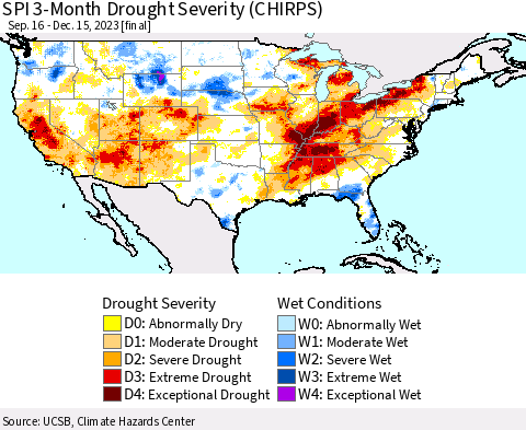 United States SPI 3-Month Drought Severity (CHIRPS) Thematic Map For 9/16/2023 - 12/15/2023